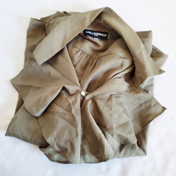KARL LAGERFELD Bell Sleeve Ruffle Olive Green Pearl Button Top XS - Picture 8 of 8